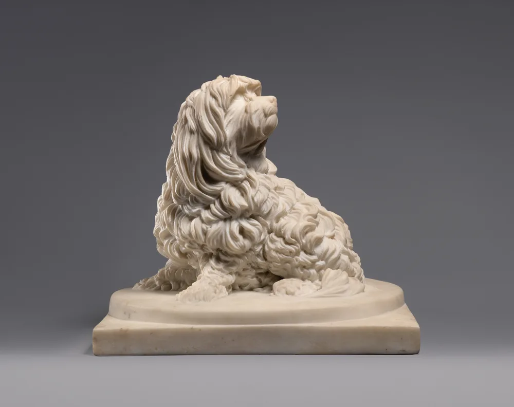 Marble sculpture of a long-coated Maltese-type 'Shock Dog' by Anne Seymour Damer