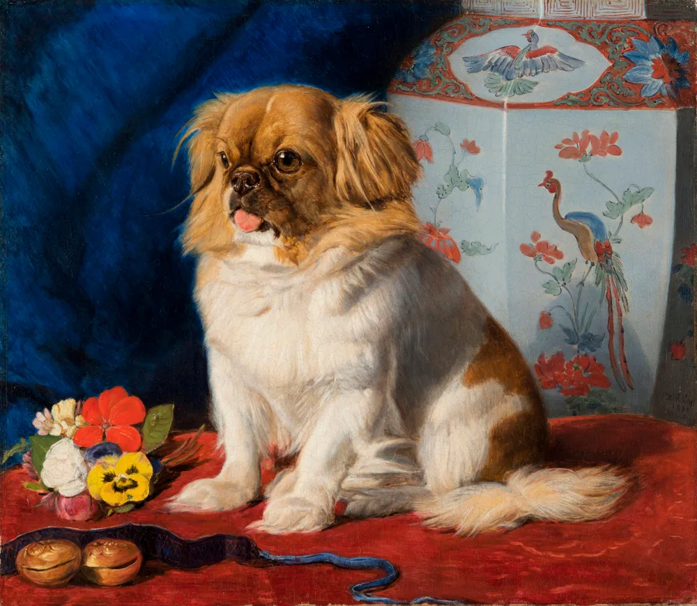 Friedrich Wilhelm Keyl's painting of Looty, a fawn-and-white Pekingese, beside a Chinese vase
